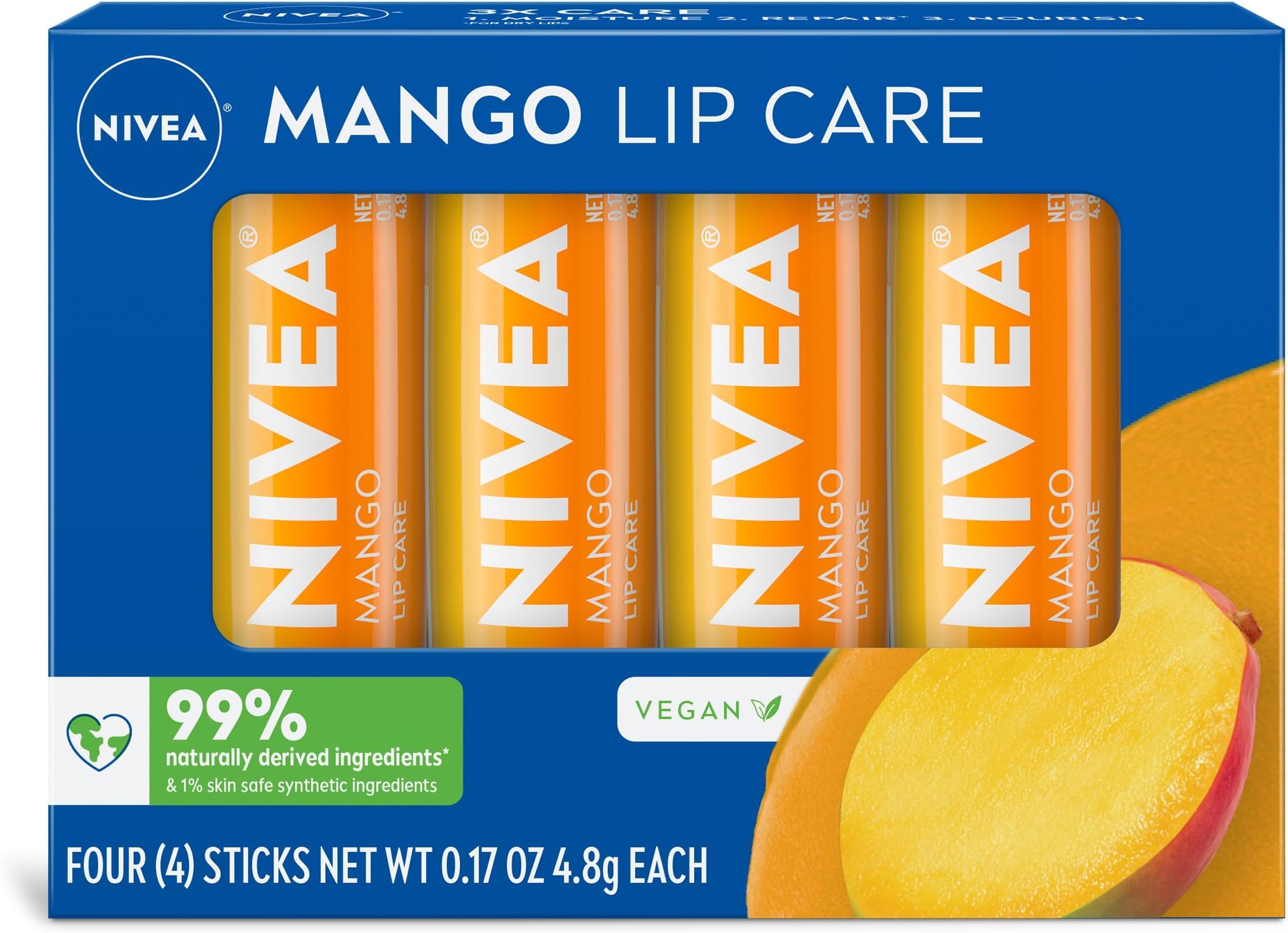 NIVEA Mango Lip Care, Vegan Lip Balm Pack with Shea Butter, Nourishing Oils and Vitamin C &amp; E, 3-in-1 Moisturize, Repair and Protect, 0.17 Oz Stick, (Pack of 48)