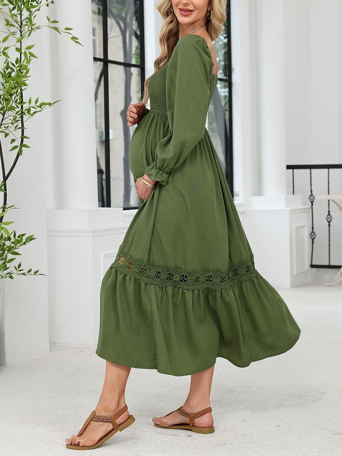 CUPSHE Women's Maternity Maxi Dresses Square Neck Smocked Baby Shower Long Sleeve Ruffled Fashion Casual Fall Pregnancy Dress - Image 3