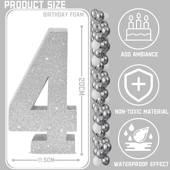 Number 4 Glitter Table Decoration Centrepiece Silver,4th Birthday Table Decorations for Boys Girls,20cm Sparkly 4 Sign Table Number Topper for Birthday Wedding Anniversary Table Decorations