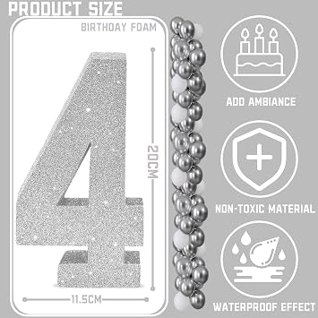 Number 4 Glitter Table Decoration Centrepiece Silver,4th Birthday Table Decorations for Boys Girls,20cm Sparkly 4 Sign Table Number Topper for Birthday Wedding Anniversary Table Decorations