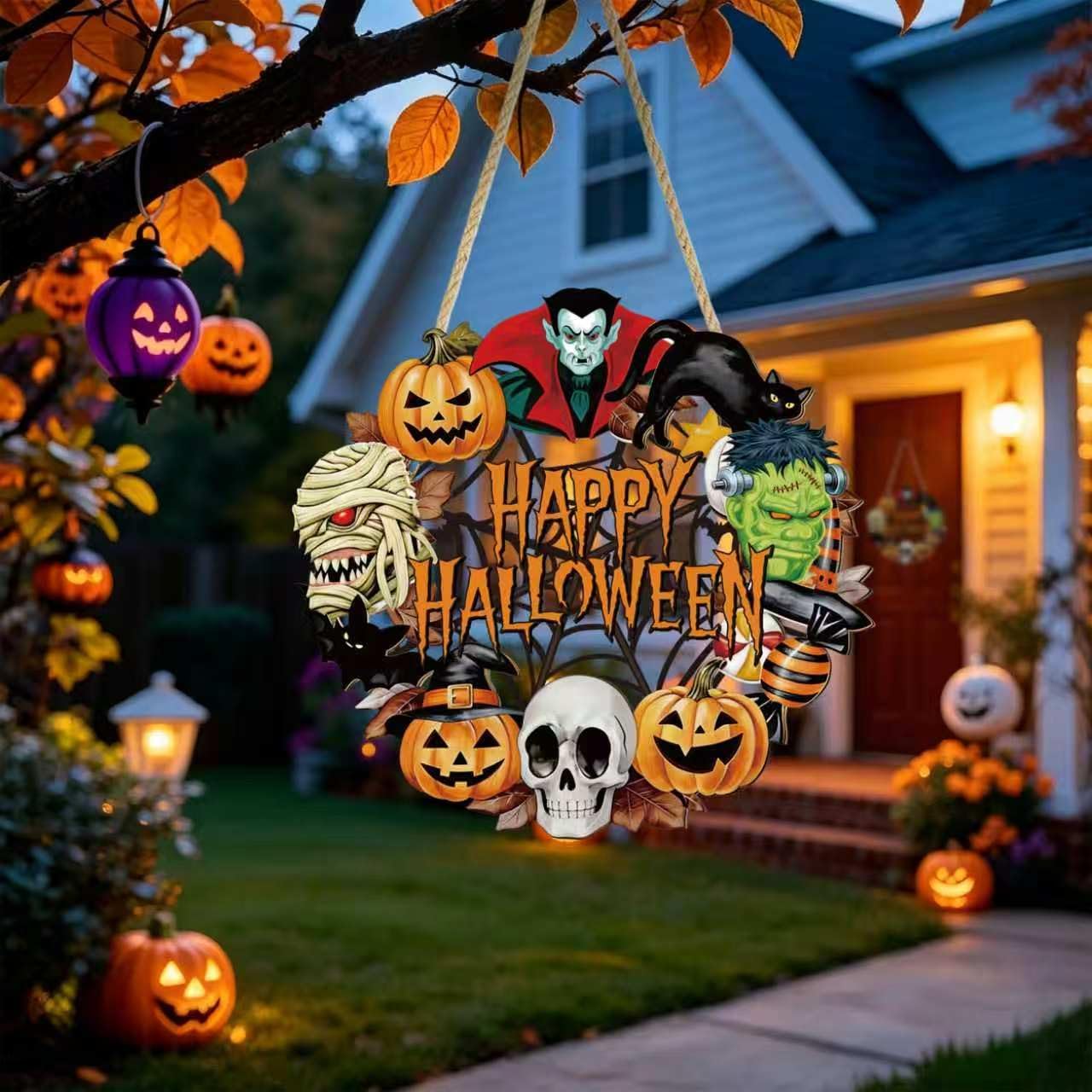 Halloween Wooden Hanging Wreath Sign, Spooky Monster Pumpkin Skull Decor