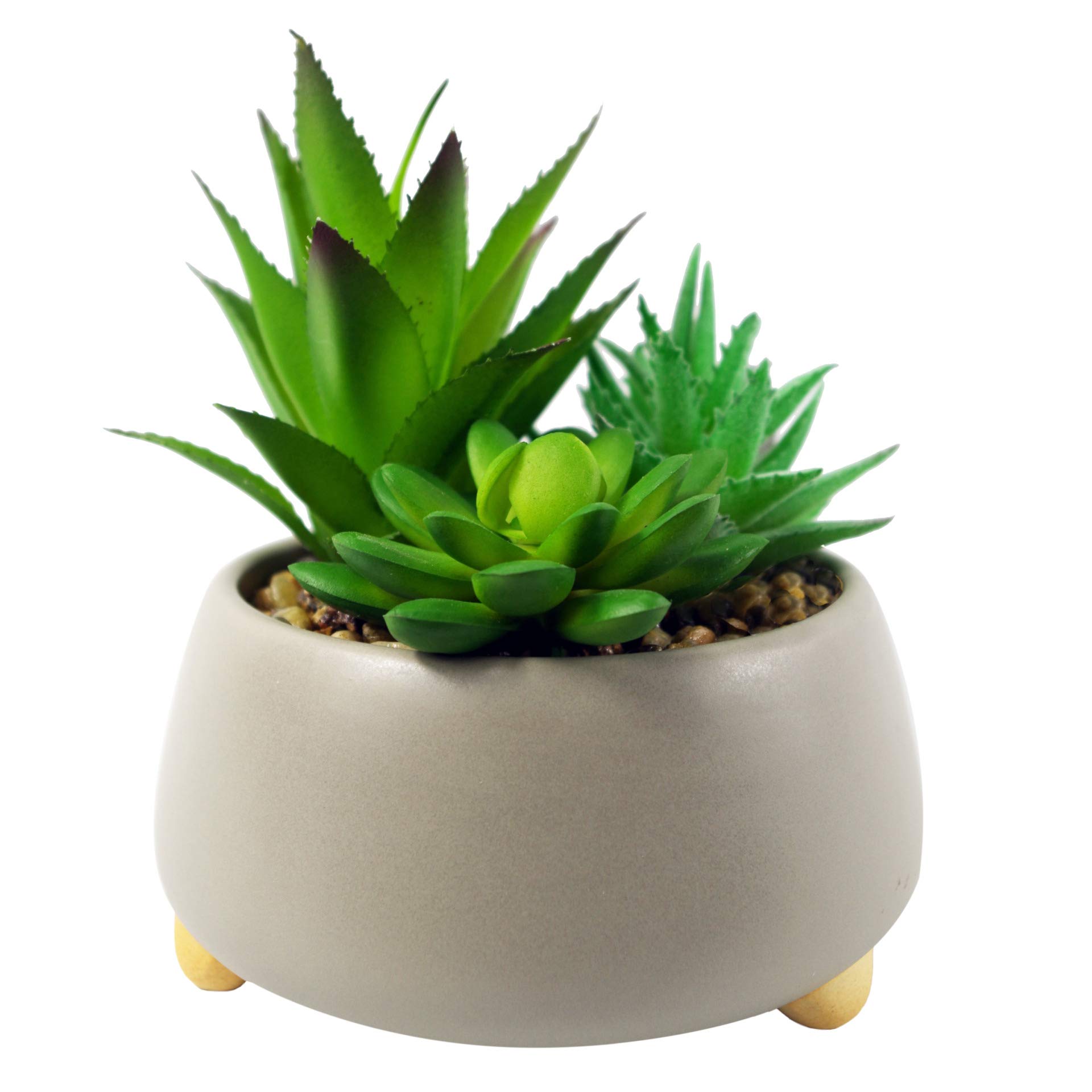 Leaf Ceramic Planter with Artificial Plant, Three Succulents-Pebble Grey, 12cm