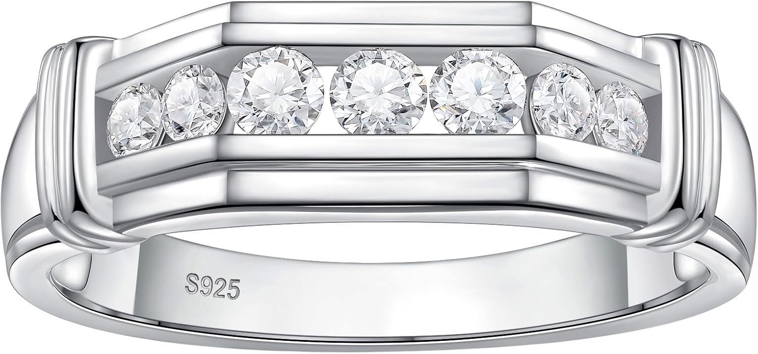 Mens Lab Grown Diamond Wedding Band, 7 Stone 0.60 ct tw 925 Sterling Silver Ring Gift for Him Size 7-14