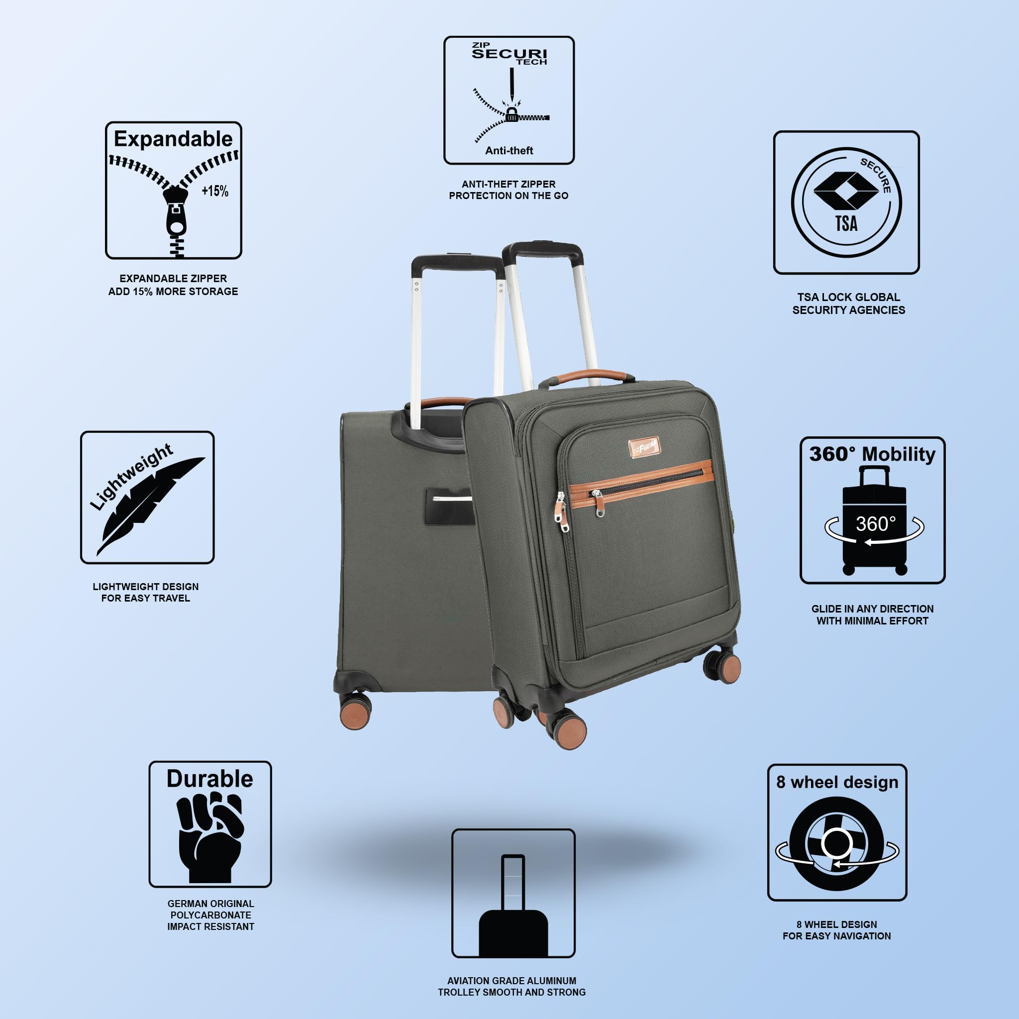 F Gear Softair - Trolley da cabina piccolo, leggero, espandibile, con ruote girevoli a 360°, sistema silenzioso a 8 ruote, serratura TSA integrata, cerniera antifurto ed etichetta per bagagli