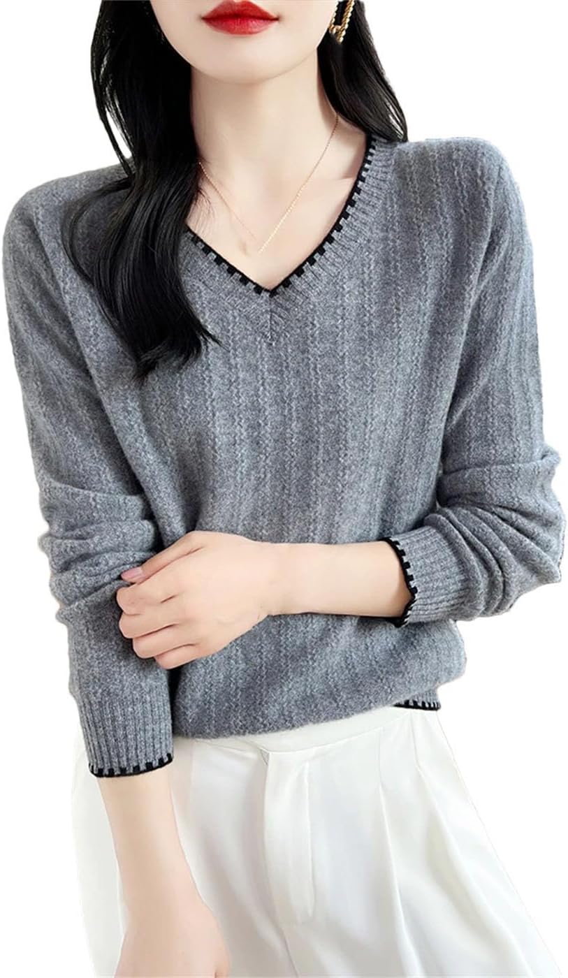 Women's 100% Merino Wool Sweater Long Sleeve V-Neck Knitted Pullovers Winter Thick Warm Elegant Tops