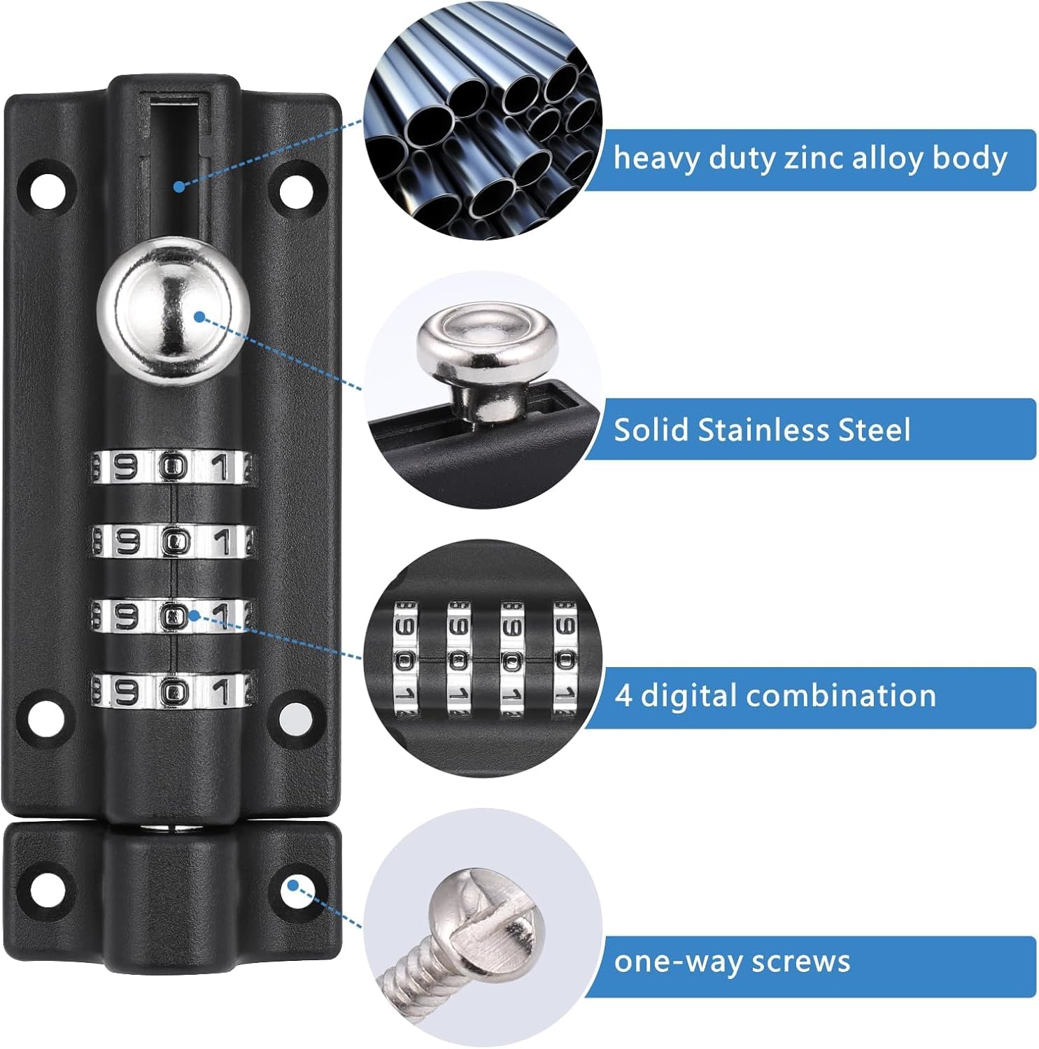 Fentar 2Pcs Combination Locking Bolt, Heavy Duty Gate Bolt with Screws - Image 3