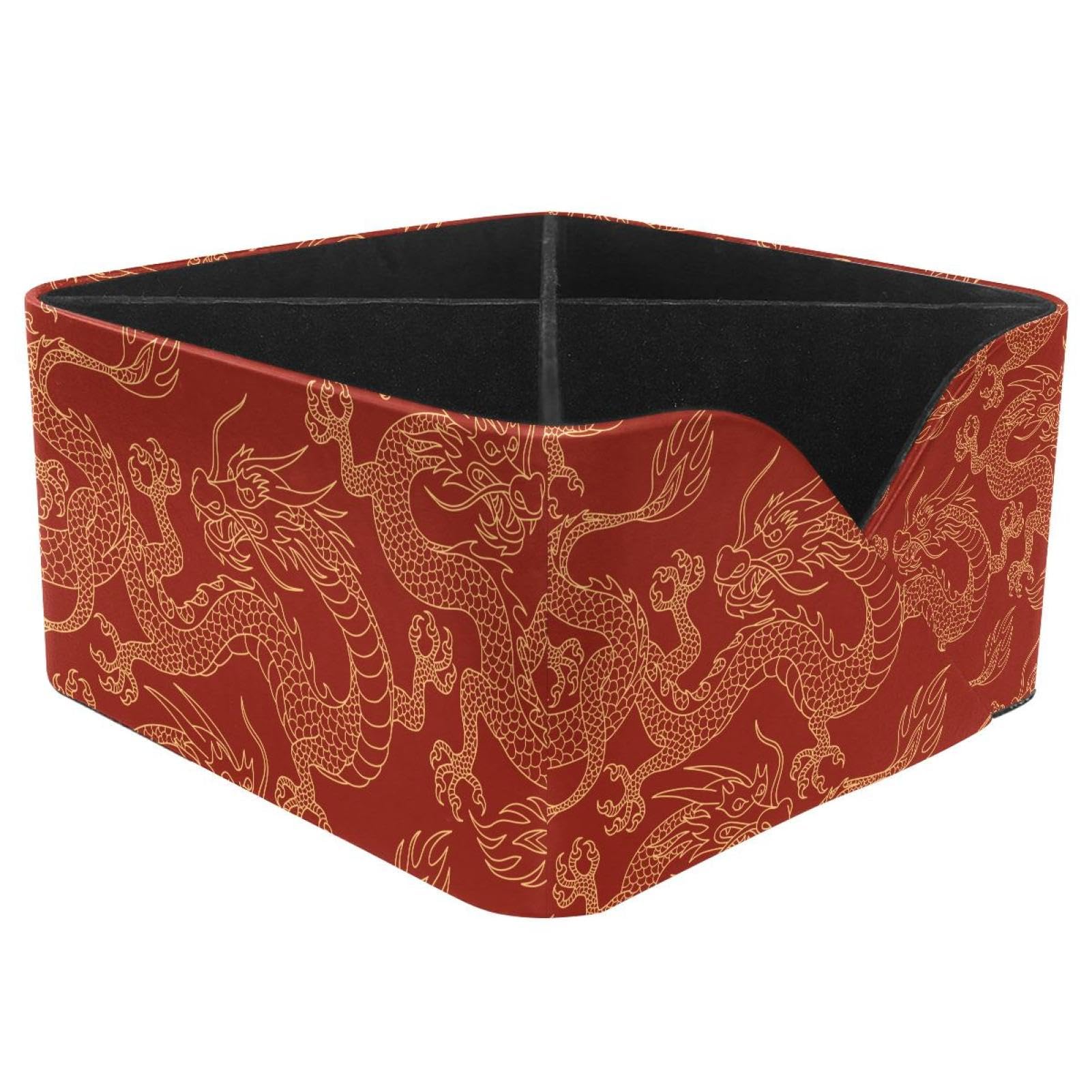 KengjuTesu Chinese Dragons Fighting Gold in Red Background Pattern Desktop Organizer Pen Holder, Rectangular Pencil Cup for Office, Study and Makeup Stations