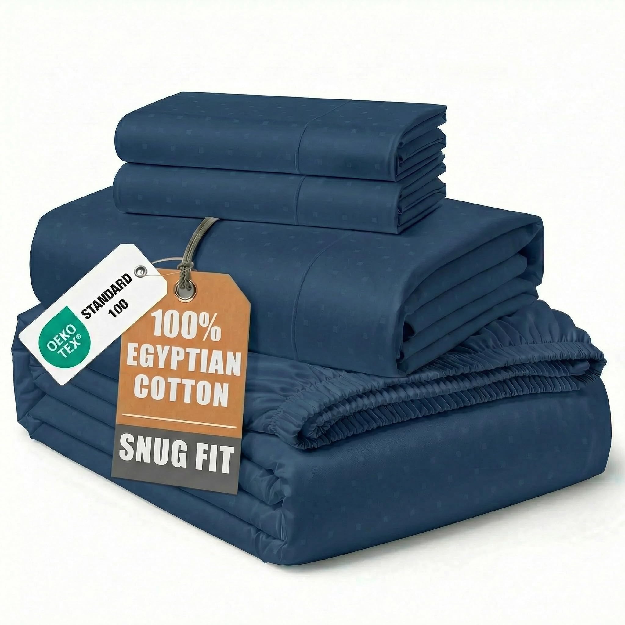 LANE LINEN King Bed Sheets 100% Egyptian Cotton Sateen - Navy Swiss Dot