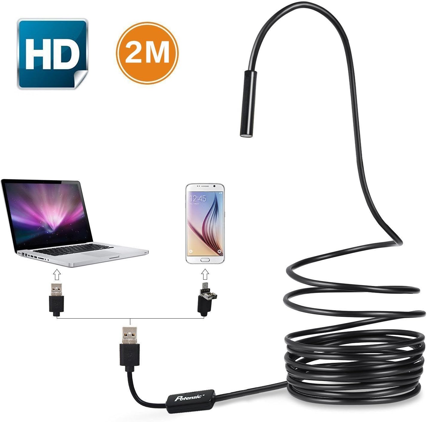 Potensic Endoscope/boroscope 2en1 avec caméra numérique HD de 2,0 Mpx