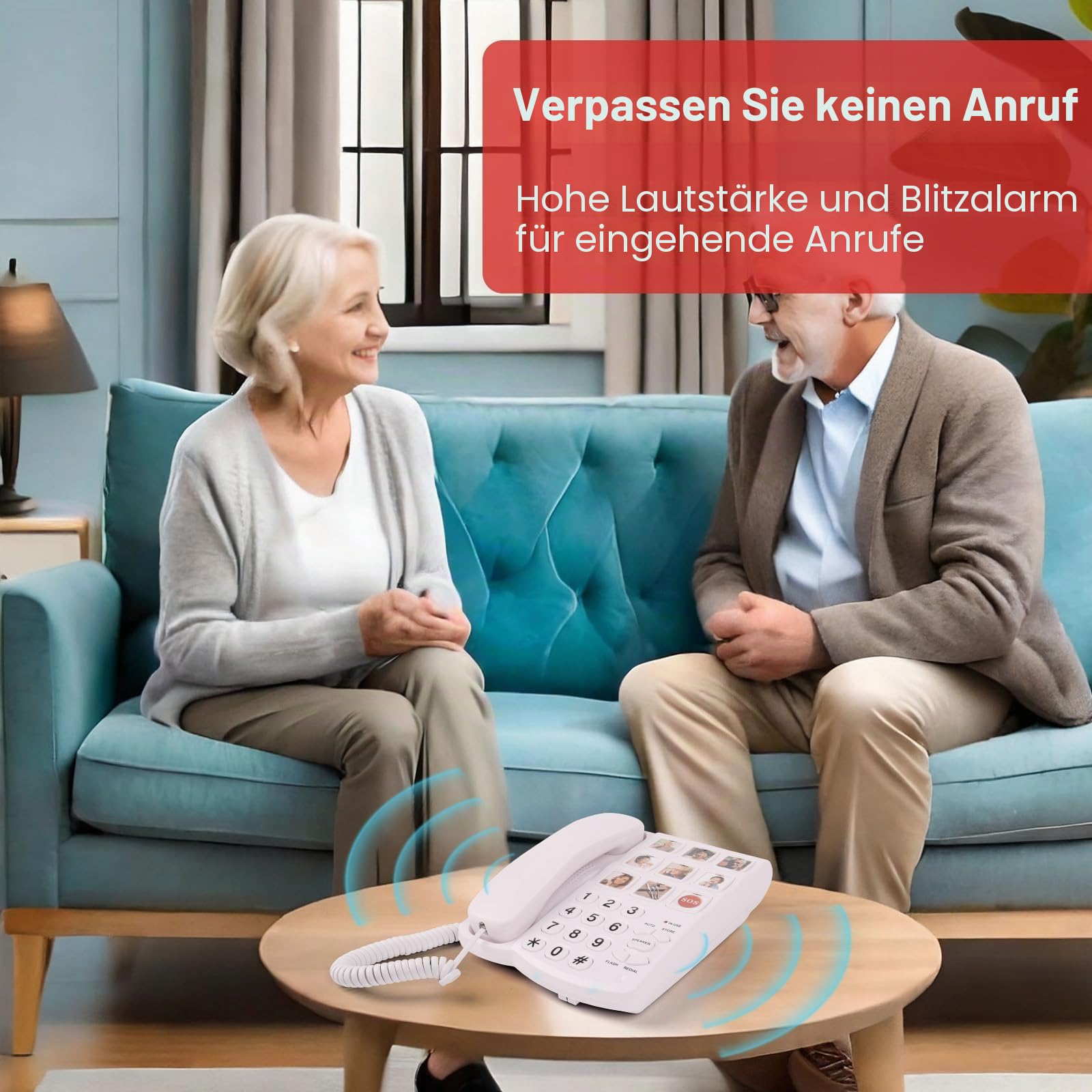 Telefon mit großen Tasten für Senioren, Festnetztelefon mit großen Tasten für Ältere, Robustes Telefon mit Einstellbare Lautstärke und 3 EIN-Tasten-Wählfunktionen für zu Hause (9 Bilder, Weiß)