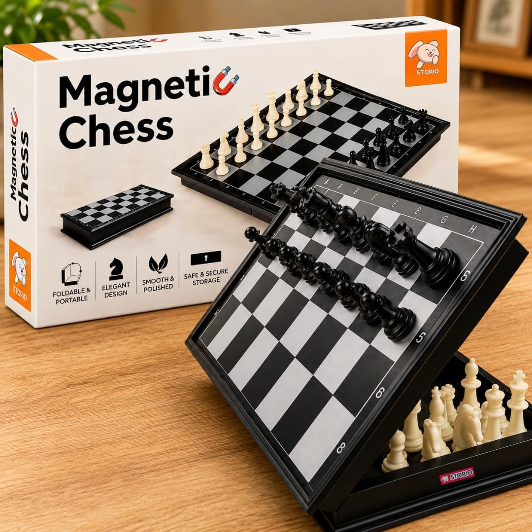 Storio Magnetic Chessboard Game Set with Folding Travel Friendly Portable Storage Case Chess Board Set with 2 Players Toys for Kids and Adults