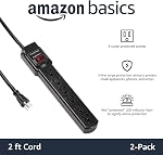 Amazon Basics 6-Outlet Surge Protector Power Strip 2-Pack, 2-Foot Long Cord, 200 Joule - Black