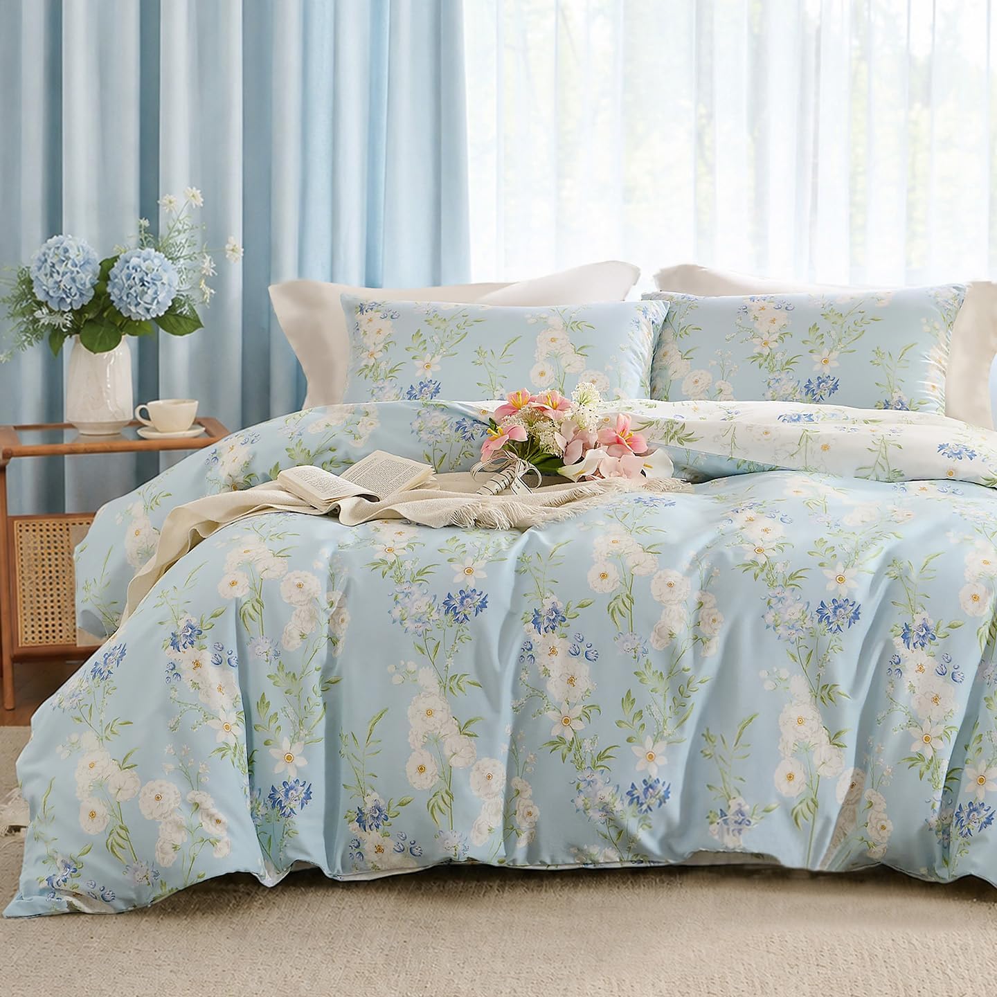 Bed Linen 135 x 200 cm 4-Piece Cotton Flowers Green White Reversible Bed Linen Flowers Reversible Green 135 x 200 cm 4-pc.