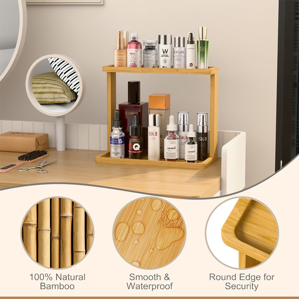 Bamboo Bathroom Organizer Countertop – Small Vanity Storage Shelf for Makeup, Perfume, Skincare – Natural Cosmetics Display Rack for Dresser, Sink, Kitchen – 10.24"x8.46"x5.12" 10.2" x 5.1" x 8.5" image 6 of 8 B0F3VCGN91
