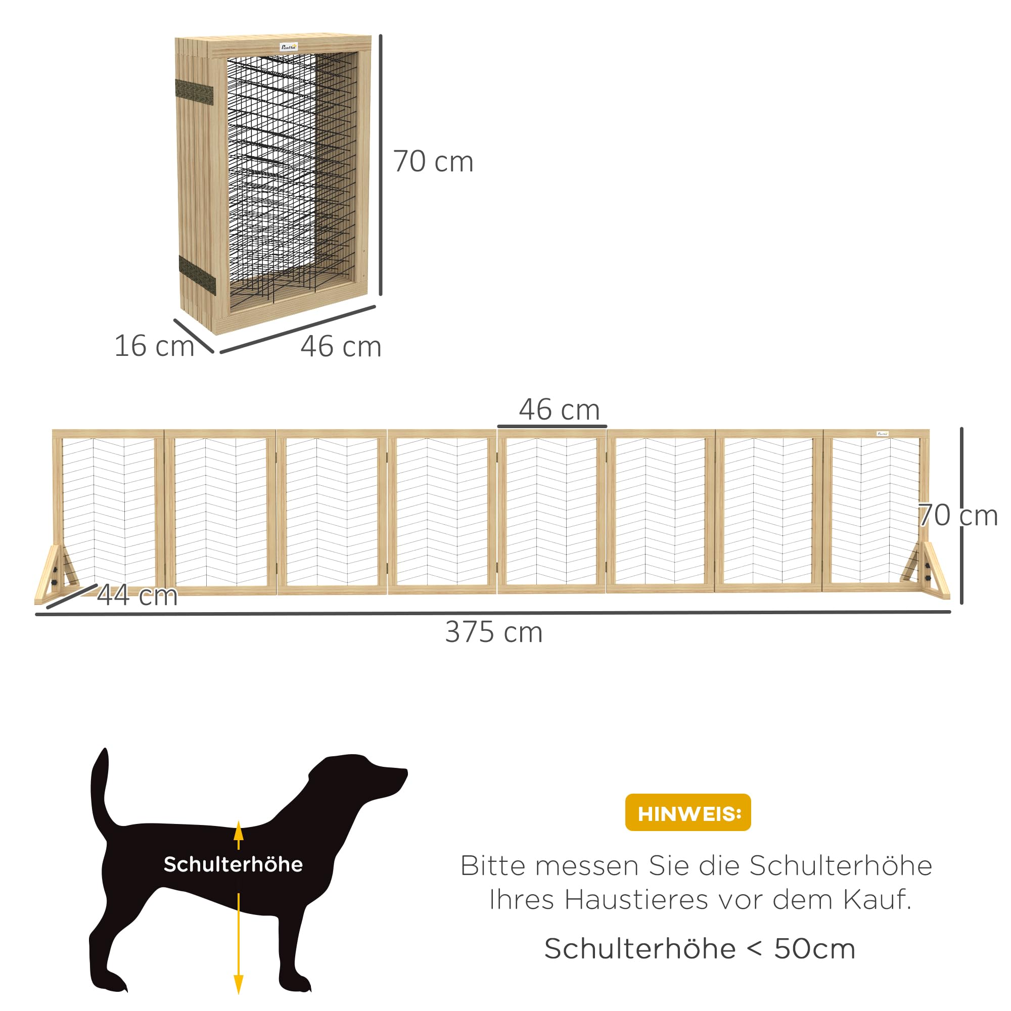 PawHut Hunde Absperrgitter aus Holz Türschutzgitter Natur 375 x 44 x 70 cm | Klappbares Hundegitter mit 8 Platten, Hundeabsperrgitter, Treppenschutzgitter, Kamingitter für Ofen