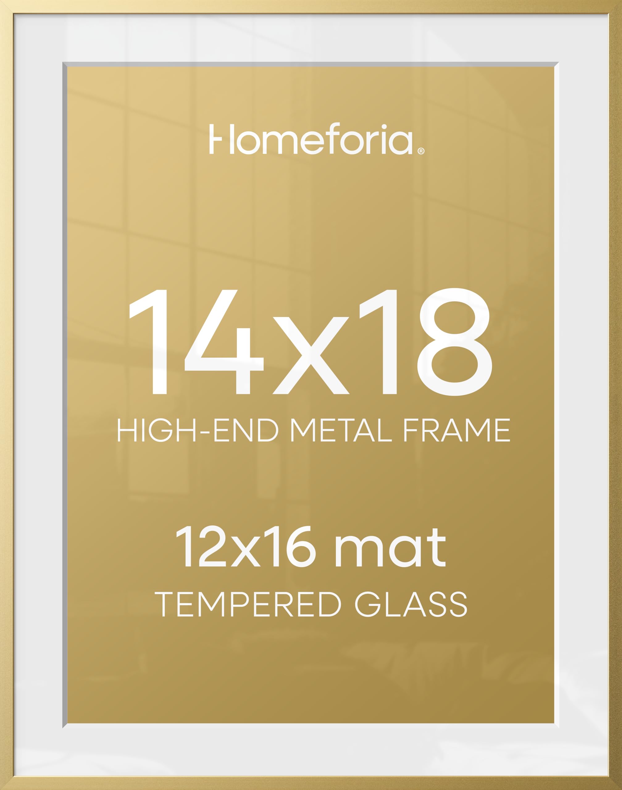 Homeforia 14x18 Gold Picture Frame, High-End Metal, 12x16 Mat, Glass | High End Aluminum, Tempered Glass, Acid-Free 12x16 Removable Mat, 14x18 in Edge-to-Edge Display 18x14, Wall Kit, Set Of 3