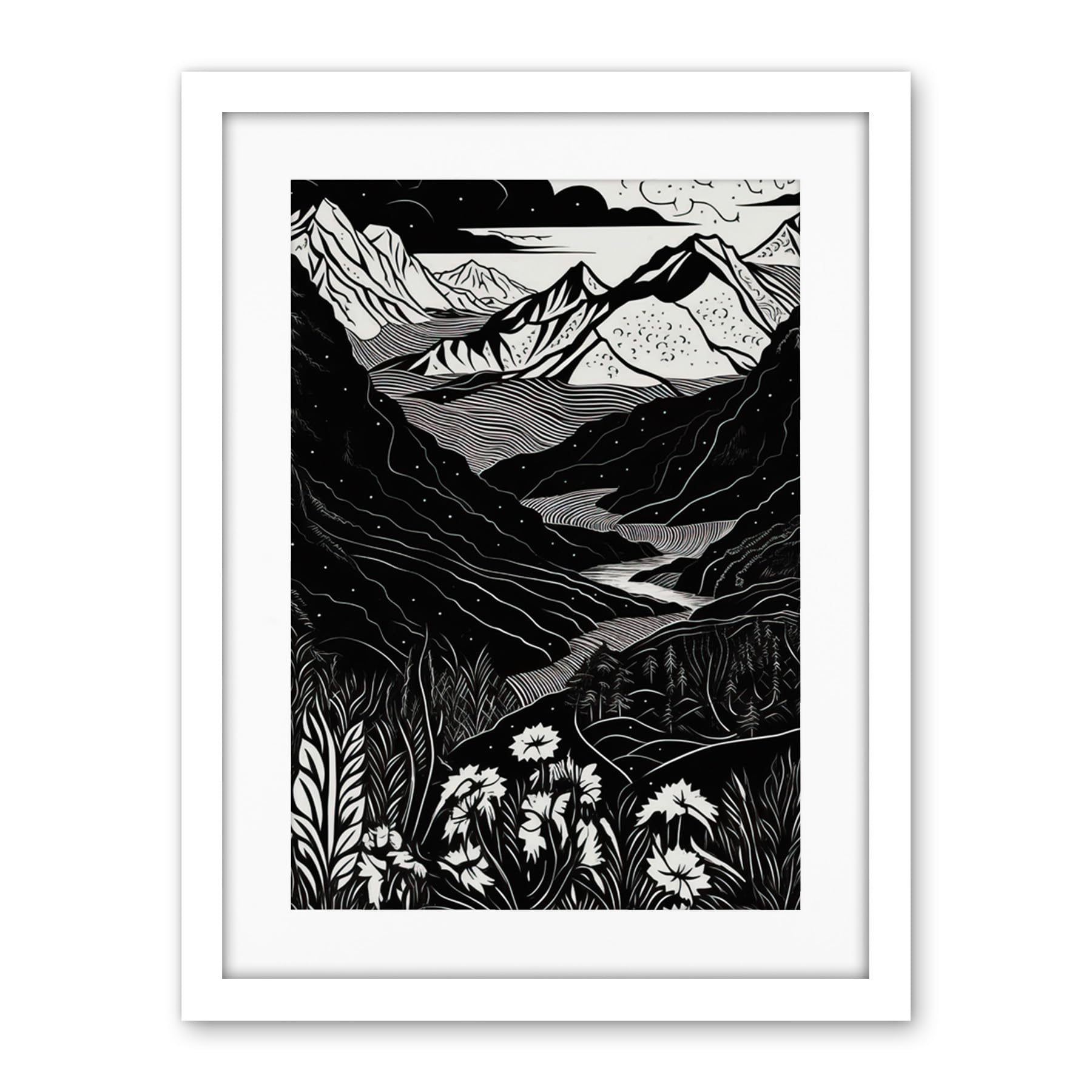 Artery8 Wildflowers in Spring Mountain Landscape Linocut Artwork Framed Wall Art Print 18X24 Inch
