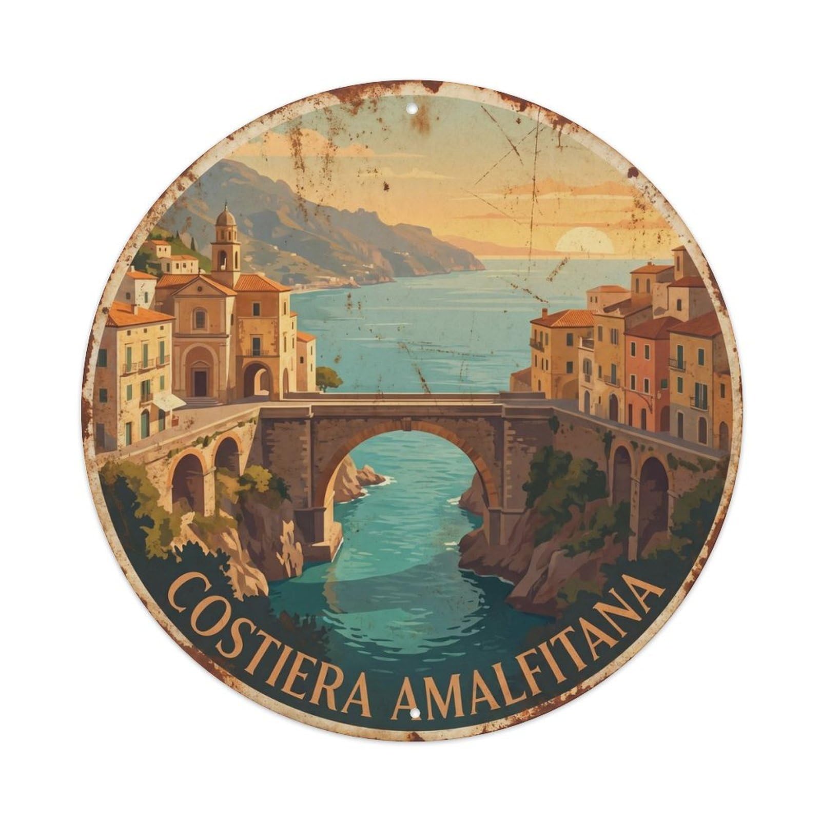Vintage Travel Amalfi Coastal Stone Bridge Metal Tin Sign Plaque Wall Decor for Cafe, Club, Garden Round Metal Poster 8x8Inch