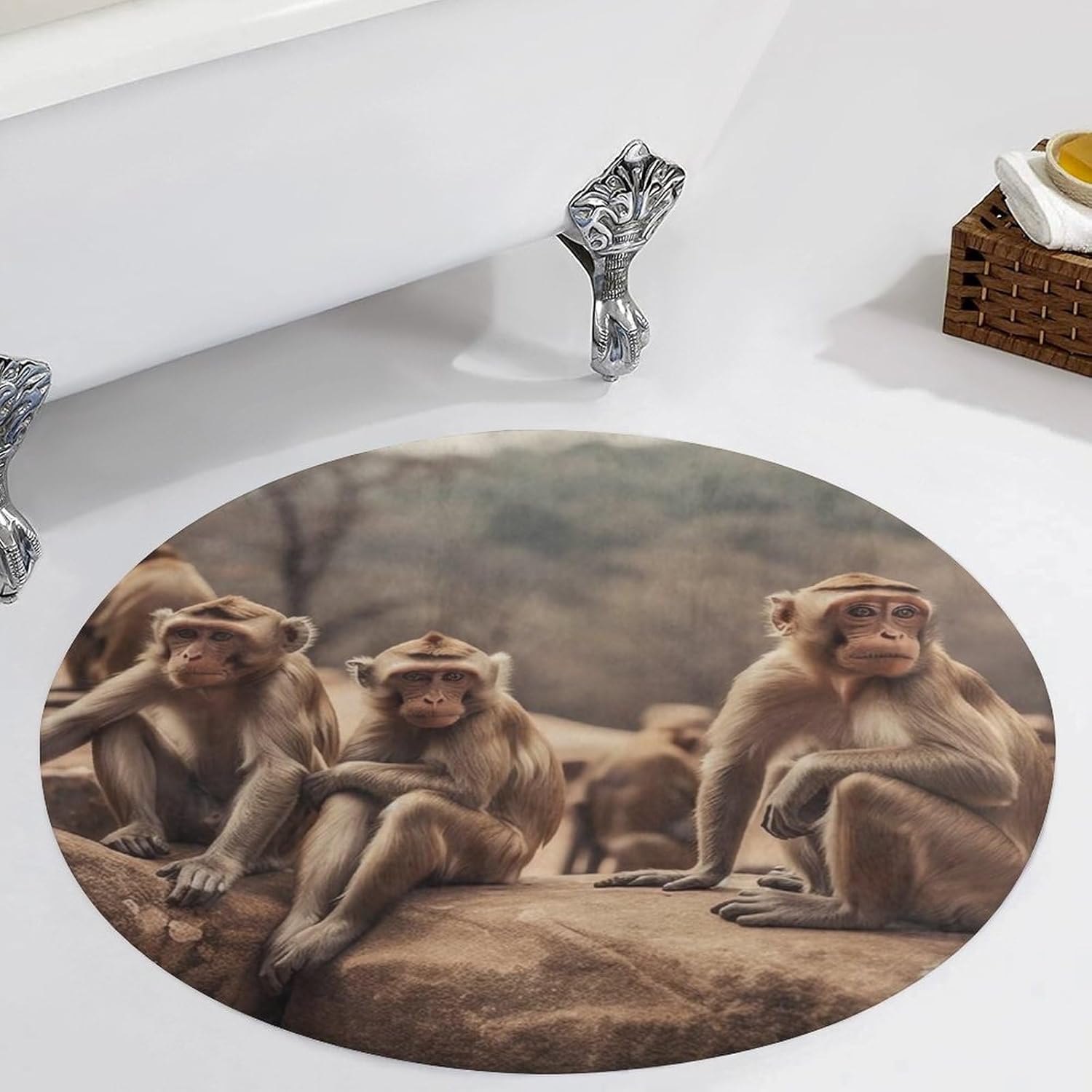 Round Floor Mats Door Mat Monkey Sitting on Stone Absorbent Rug Non Slip Mat for Bathroom Bedroom，Entryway, Office