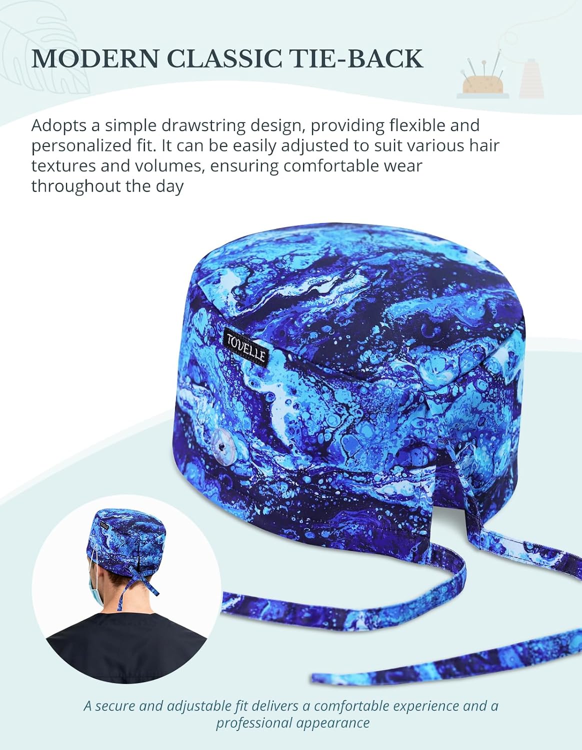 Tie-Back Scrub Cap with Buttons and Sweatband Modern Classic, Navy Blue Ocean Print Double-Sided Adjustable Medical Hat Men, Soft Comfortable, No-Slip for Long-Hour Wear