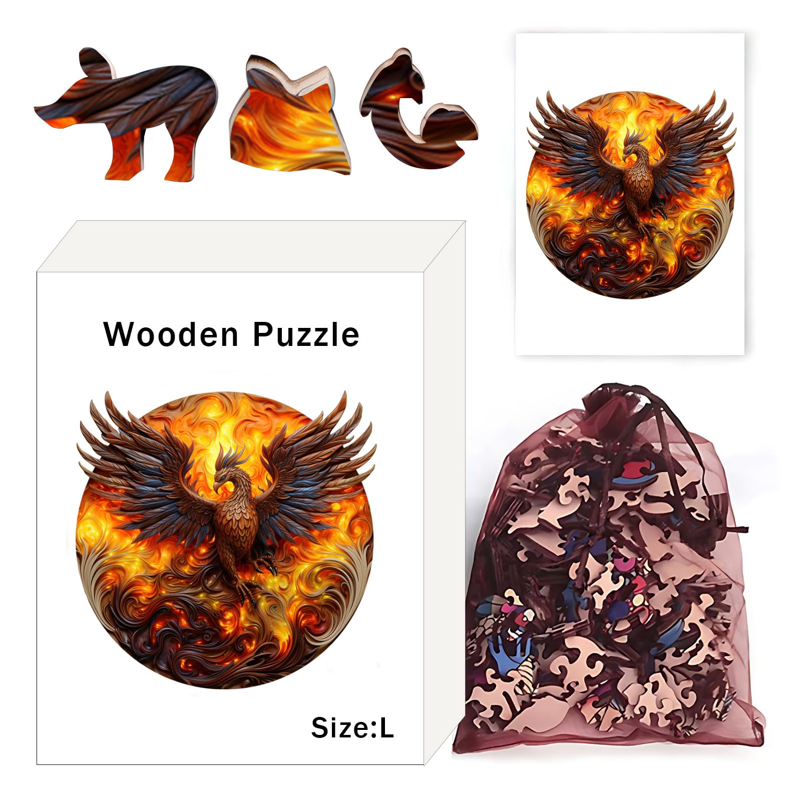 Kingbar 300 PCS Phoenix Wooden Jigsaw Puzzles, Colorful Unique Animal Shape Puzzle Pieces - Image 3