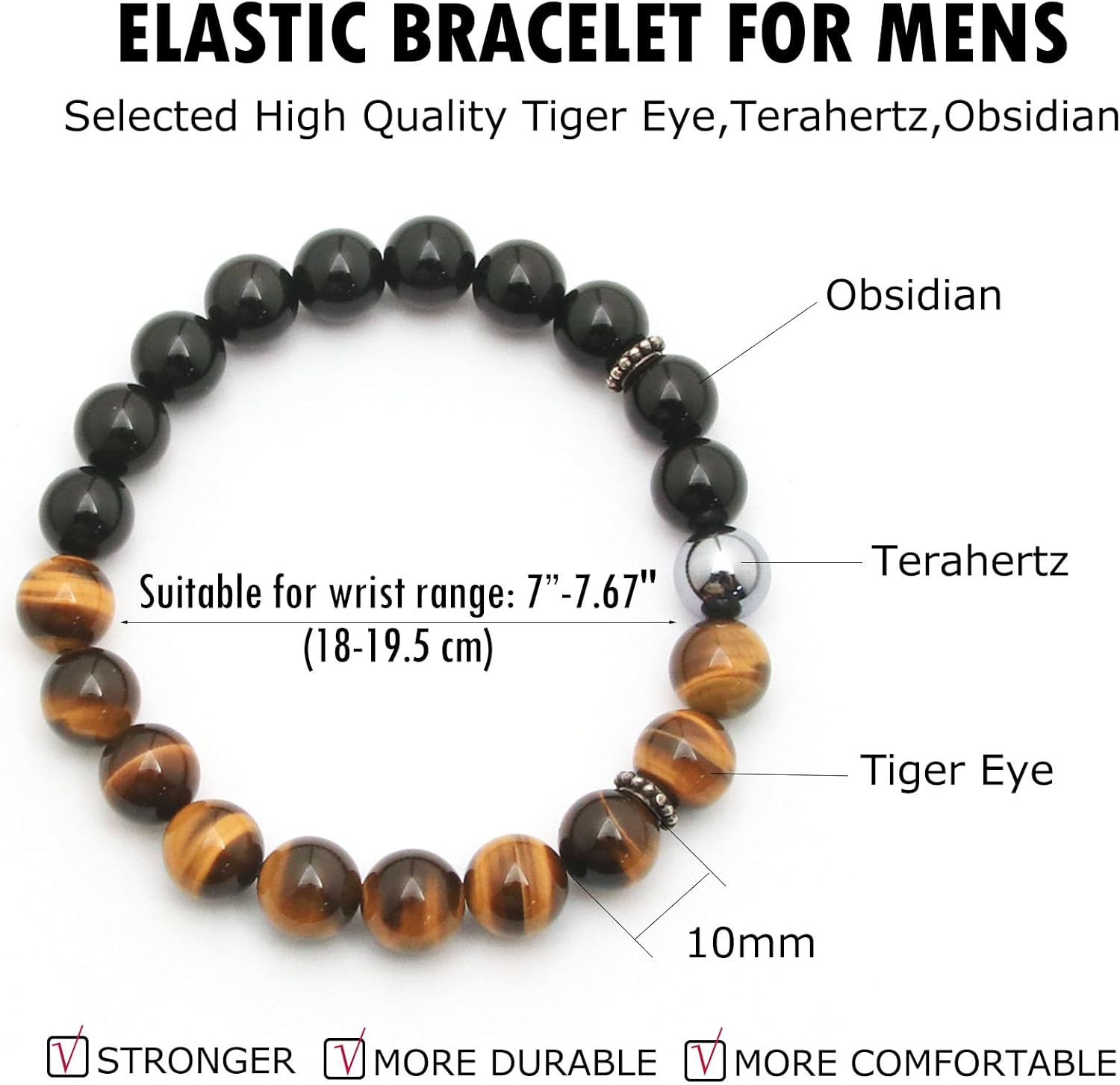 Protection Crystals Obsidian Beaded Bracelets for Men, Mens Bracelet Genuine Beads Bracelet, 10mm Personalized Mens Bead Jewelry Unique Handmade Gift for Man
