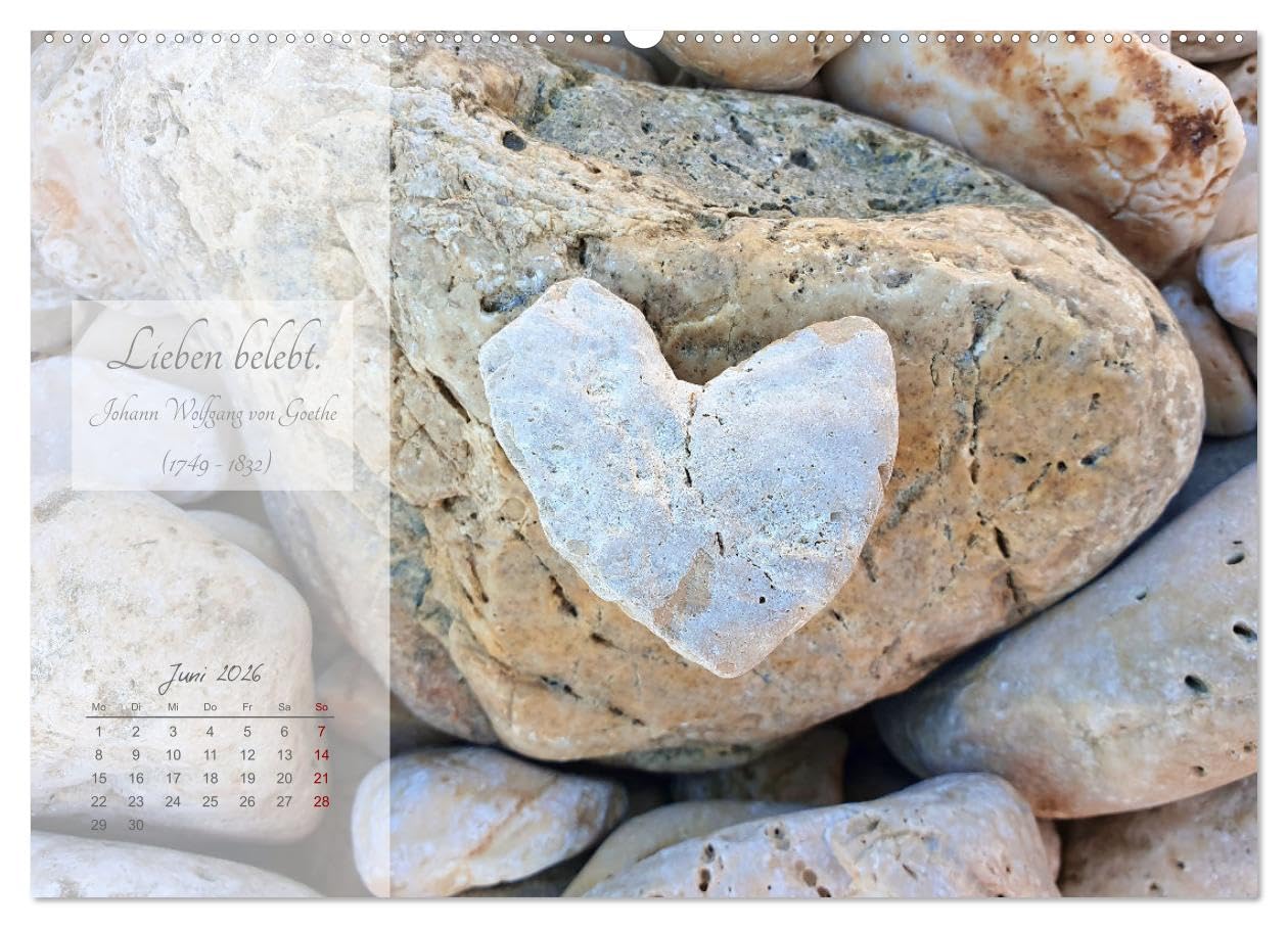 Randvoll mit Liebe (Wandkalender 2026 DIN A2 quer), CALVENDO Monatskalender: Steine in der Form von Herzen untermalt mit Zitaten über die Liebe (CALVENDO Kunst)