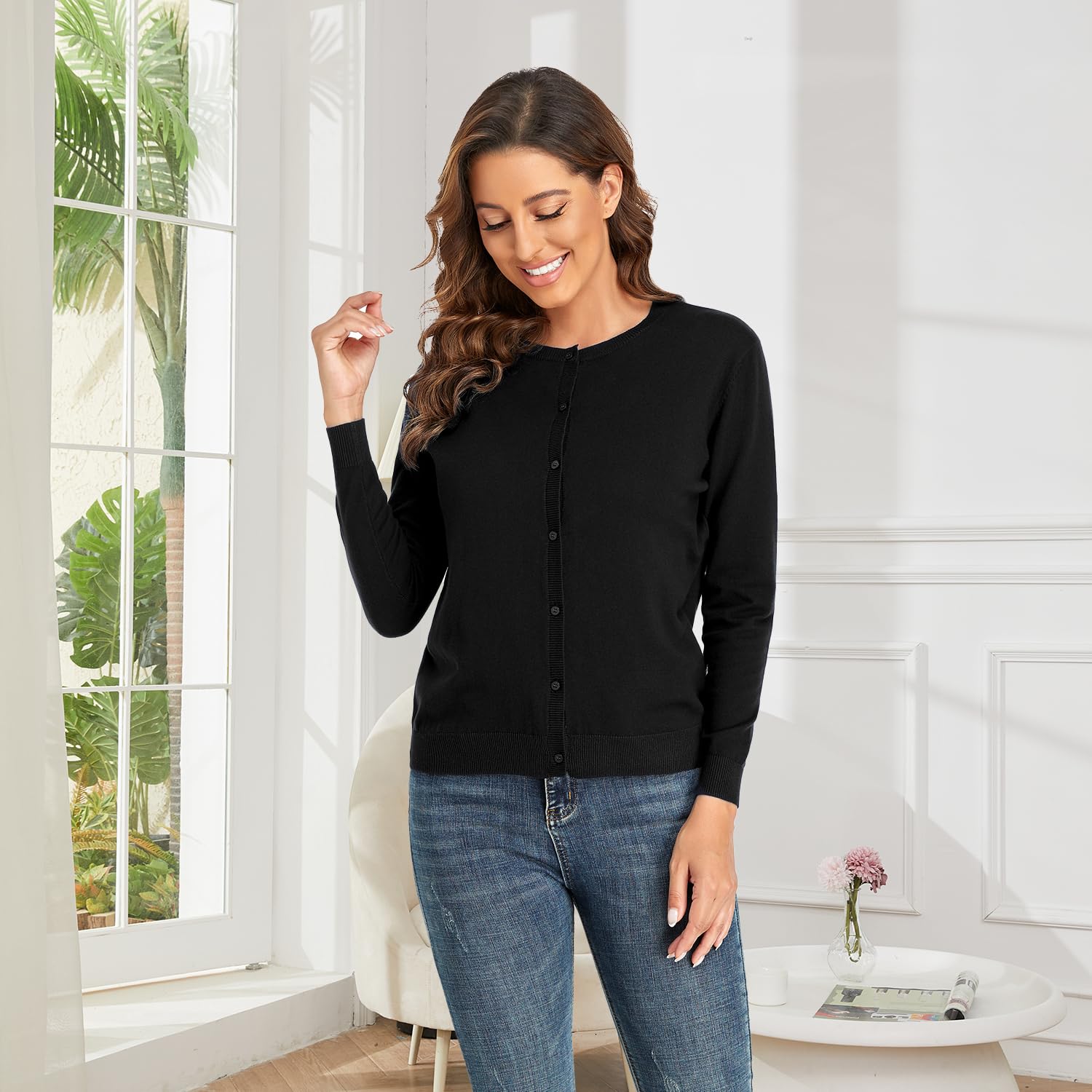 CUNYI Cardigan Donna Maglia con Bottoni Girocollo Classico Manica Lunga Giacca Cappotto Elegante, Nero S