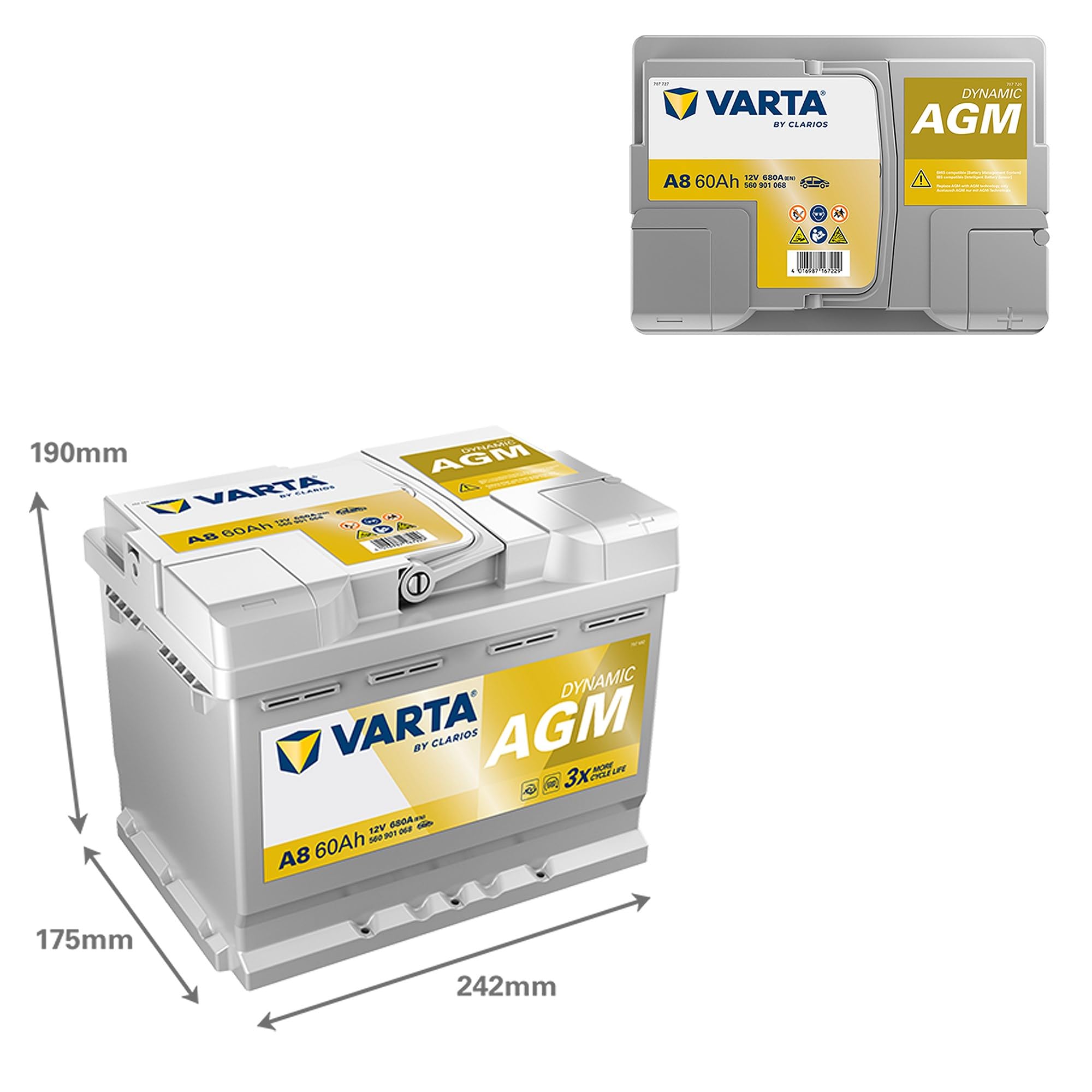 VARTA Batterie 60, Ah 680, A/EN 560901068K262 L 242mm B 175mm H 190mm Compatible avec VW Golf VII 3/5 portes 5G1, BQ1, BE1, BE2 Polo V 3/5 portes 6R1, 6C1 Polo IV 3/5 portes 9N, 9A Tiguan II AD1, AX1