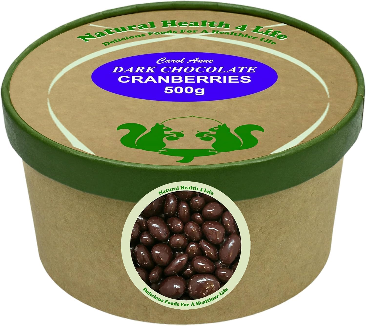 Natural Health 4 Life Carol Anne Confectionery Dark Chocolate Cranberries 500g, Chocolate Covered Cranberries in Recyclable Tub, โ2.6g Protein/100g, Gluten Free Snack for Refilling (1 Tub)