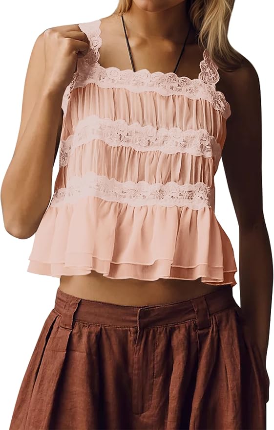 Ardrem Women Ruffle Hem Lace Camisole Top Backless Babydoll Tank Top Sheer Bubble Top Sleeveless Lace Shirts