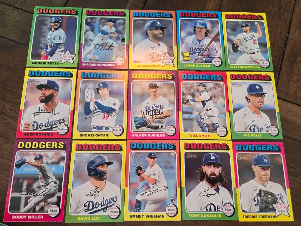 2024 Topps Heritage Baseball Los Angeles Dodgers Base No SP MLB Hand Collated Team Set in Near Mint to Mint Condition of 15 Cards: #116 Bobby Miller #178 Gavin Lux #187 Emmet Sheehan RC Rookie #232 Tony Gonsolin #248 Freddie Freeman #333 Joe Kelly #356 Will Smith #363 Walker Buehler #371 Shohei Ohtani #377 Amed Rosario #386 Clayton Kershaw #413 James Outman #434 J.D. Martinez #475 Enrique Hernandez #499 Mookie Betts Str