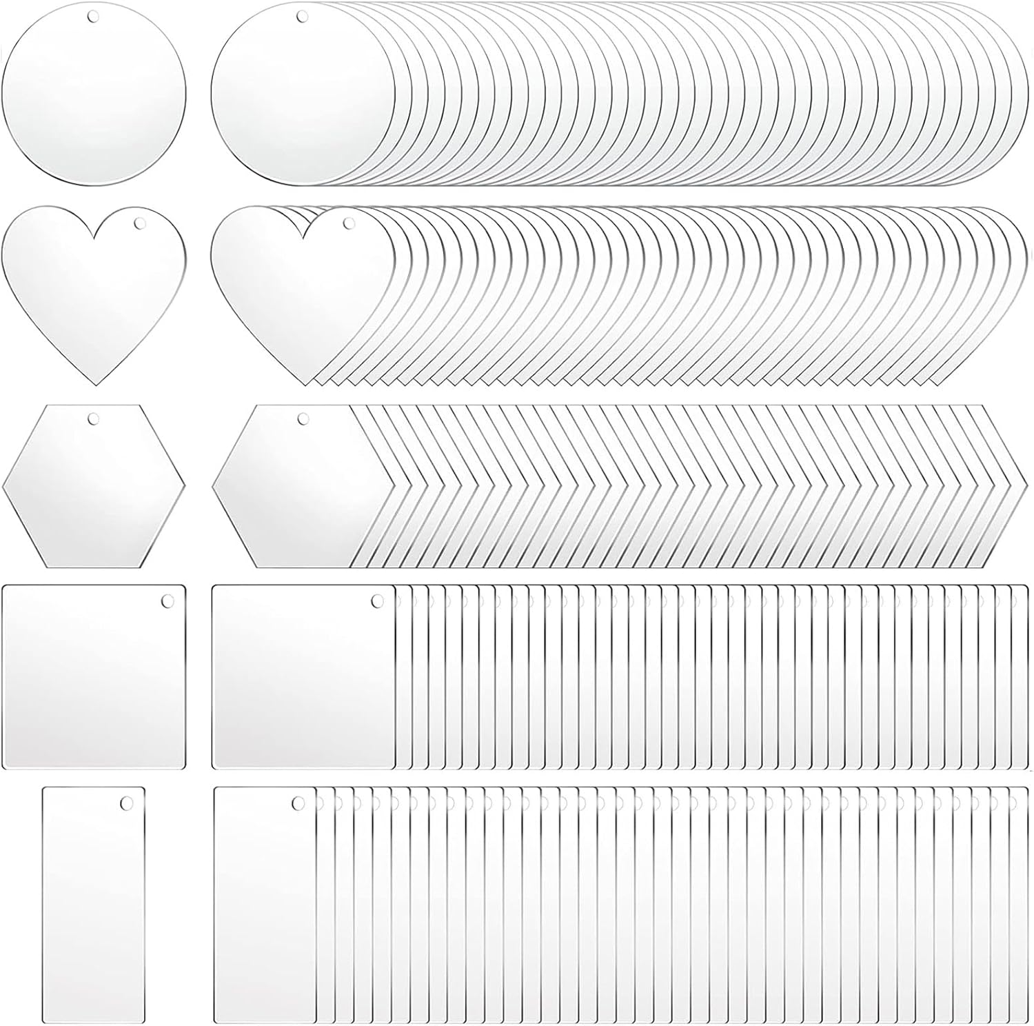 MAQUITA 200 Pieces Acrylic Keychain Blanks Acrylic Transparent Pendants Includes Circle Heart Square Rectangle and Hexagon Shaped Keychain Blanks for DIY Crafts Projects