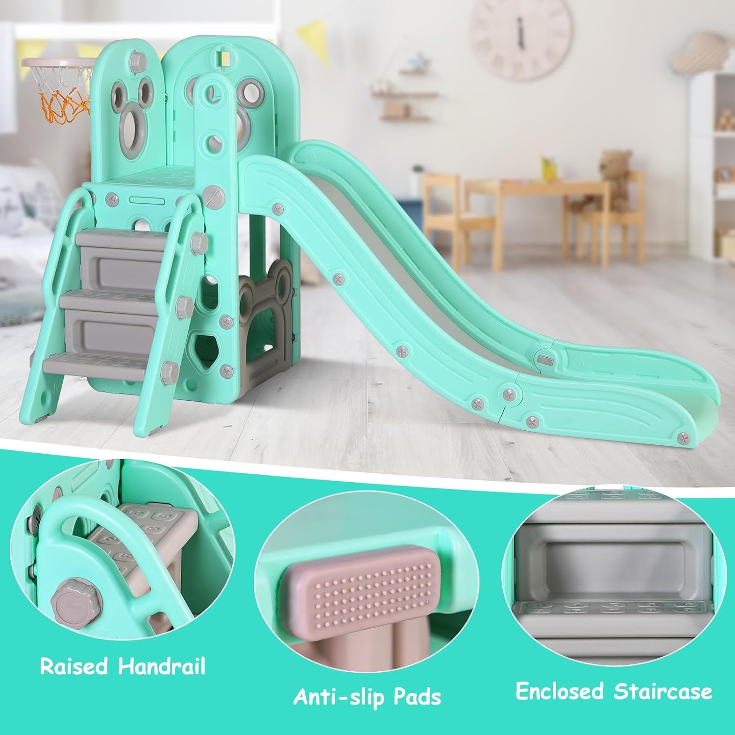 MAMIZO 6 in 1 Toddler Slide, Extra-Long Slide for Kids Climber Playset, Indoor Outdoor Playground with Basketball Hoop & Ball, Storage, Non-Slip Steps (Green)