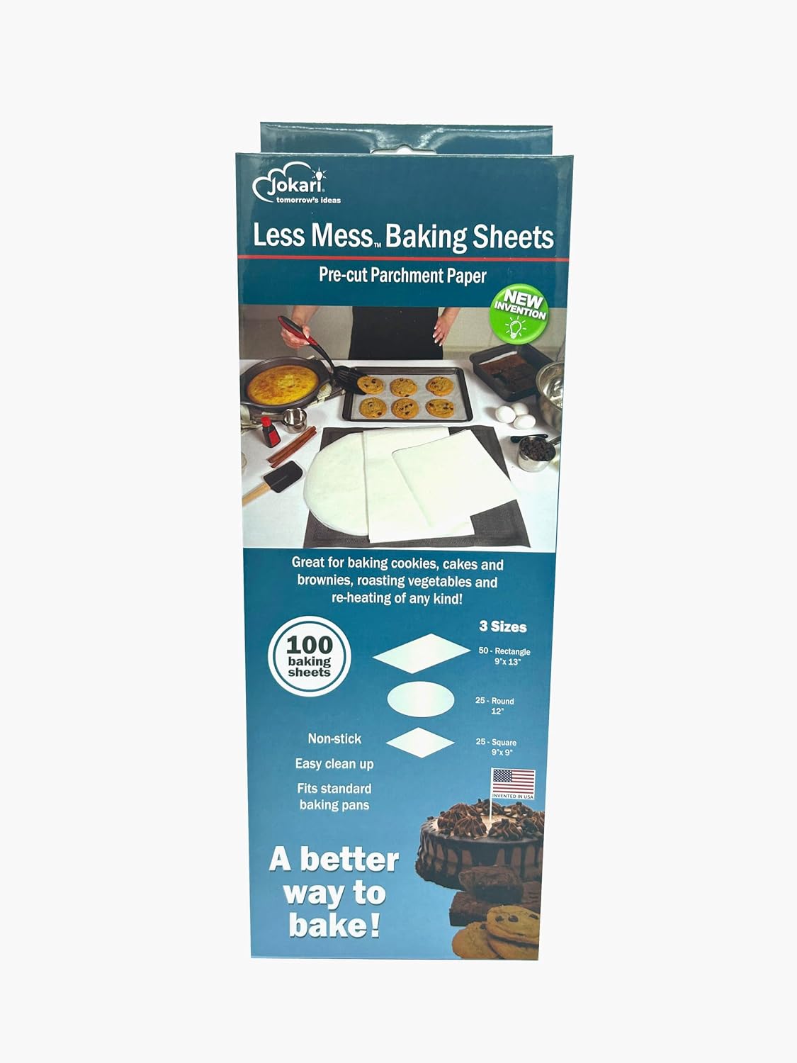 Jokari 100 Pack of Precut Parchment Baking Sheets. 50 Rectangular 9x13in, 25 Large Round 12in, 25 Square 9x9in. Non-Stick, Easy Cleanup, Perfect to Bake, Roast, or Air Fry, No Wasted Paper (1)