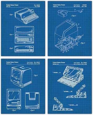 Vintage Steve Jobs Apple Computer Blueprint Patent Print, Set of 4, 8x10 Unframed Aesthetic Wall Posters and Unique Art Prints Picture for Bathroom, Home, Man Cave, Dorm, Office & Bar Wall Decor Poster