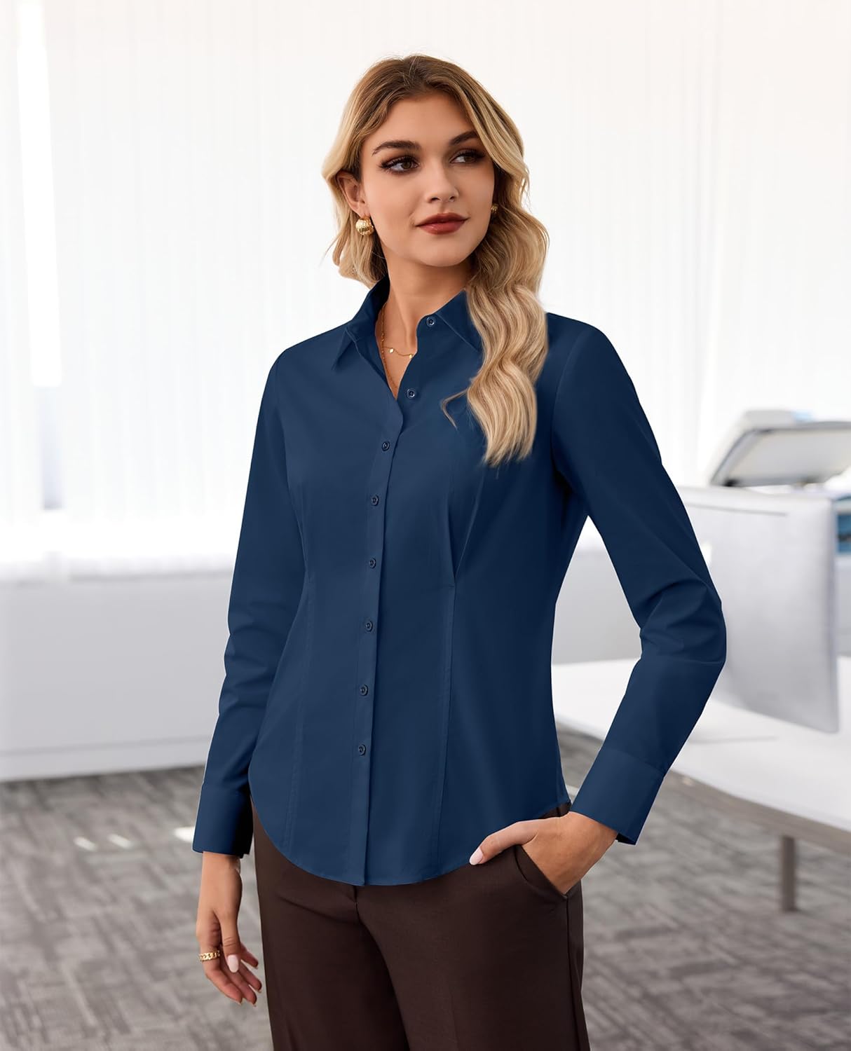 Womens Button Down Shirt Long Sleeve V Neck Classic Collared Button Up Shirt Women Work Business Formal Casual - Image 6