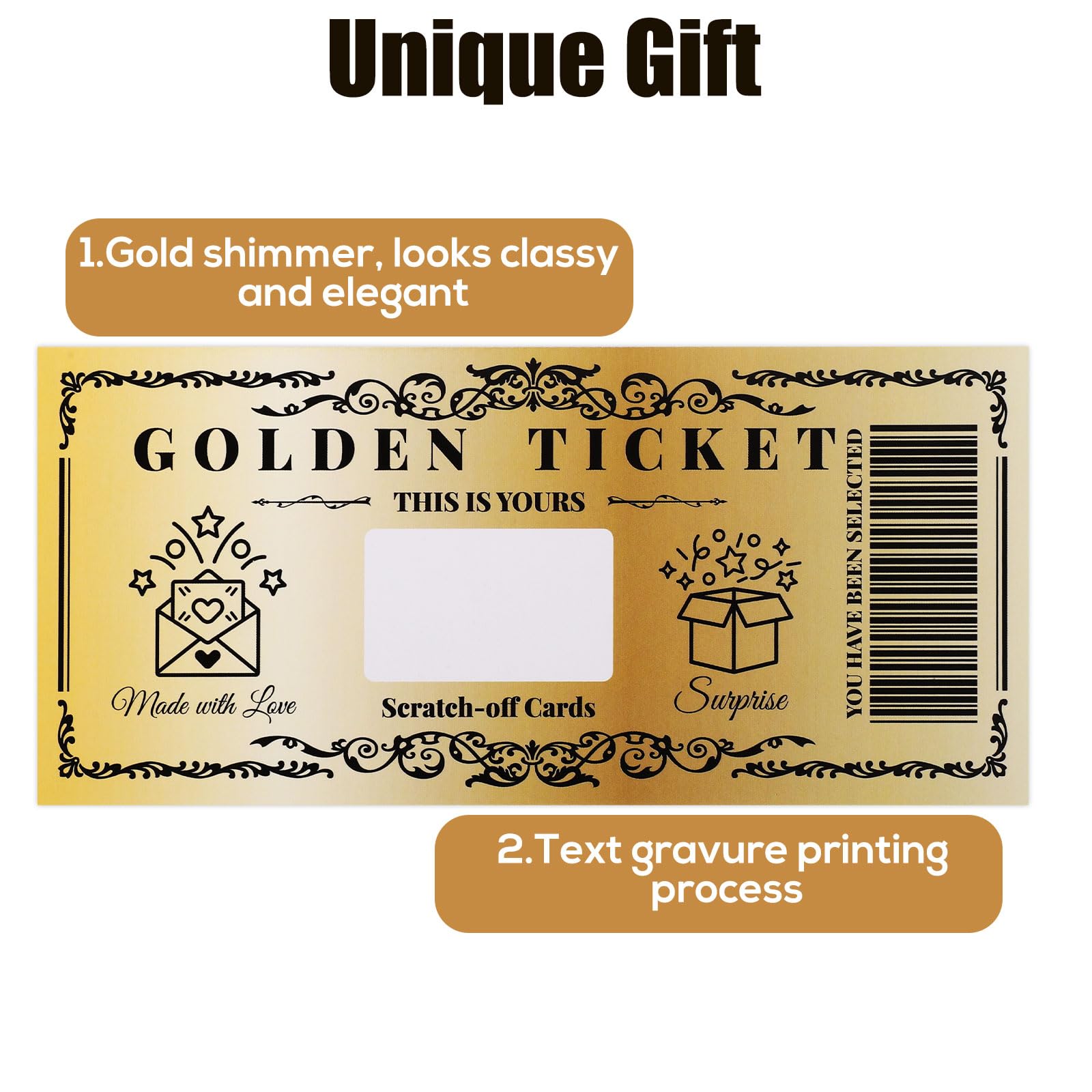 Ticket Surprise Personnalisable 6 Cartes à Gratter Golden Ticket - Avec Enveloppes - Pour Anniversaire, Saint-Valentin, Cadeaux Carte A Gratter Noel