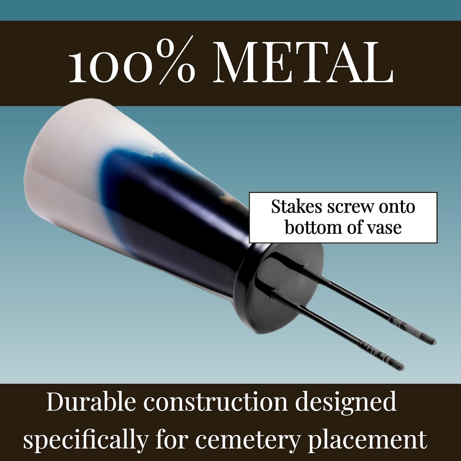 Metal Cemetery Flower Vase with Two Stakes – Heavy Duty Construction for Graves Garden Lawn Yard or Home – Memorial Decoration – 8.5” Vase – Cross in Sky Design
