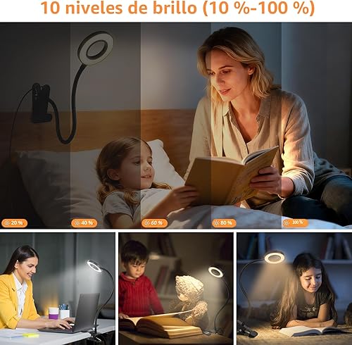Miniatura 3 de Lámpara de escritorio con clip para lectura en casa, oficina, 10 brillo regulable, 3 modos, luz de abrazadera para cabecera de cama
