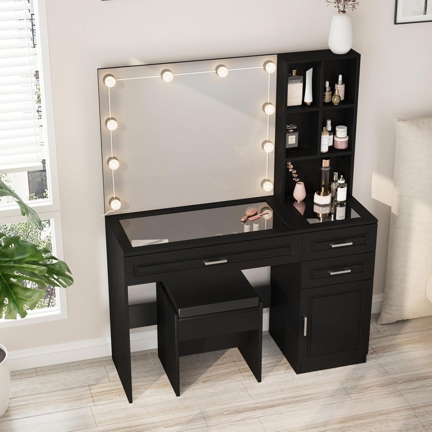 Fameill Makeup Vanity Desk with Lights,Glass Top Vanity Table with Lighted Mirror,Large Makeup Desk with 3 Drawers and Cabinets,3 Color Lighting Modes with Adjustable Brightness,Black