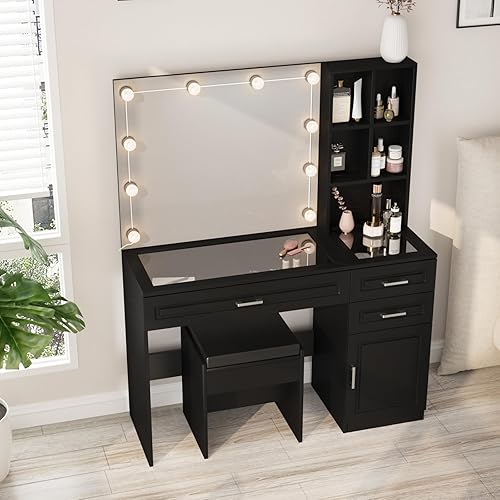 Miniatura 7 de Fameill Escritorio de tocador de maquillaje con luces, mesa de tocador de cristal con espejo iluminado, escritorio de maquillaje grande con 3