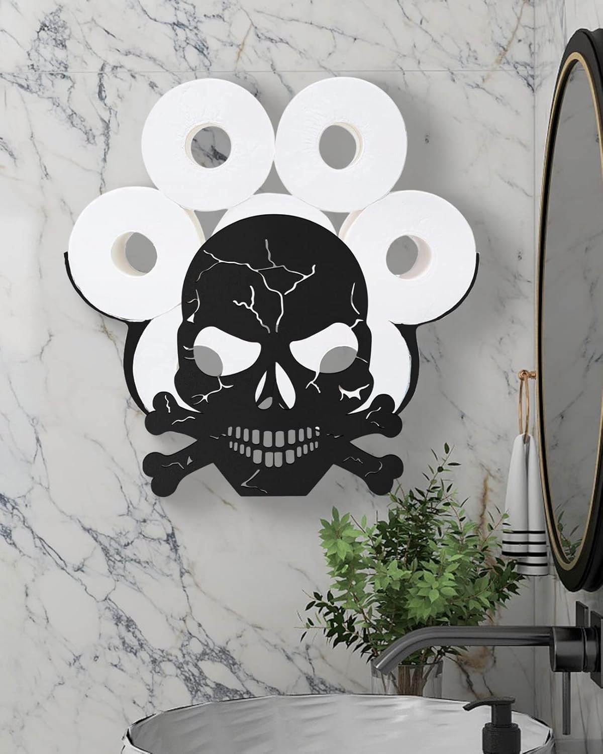 Sugar Skull Toilet Paper Holder Shelf, Funny Black Metal Wall Mount Toilet Paper