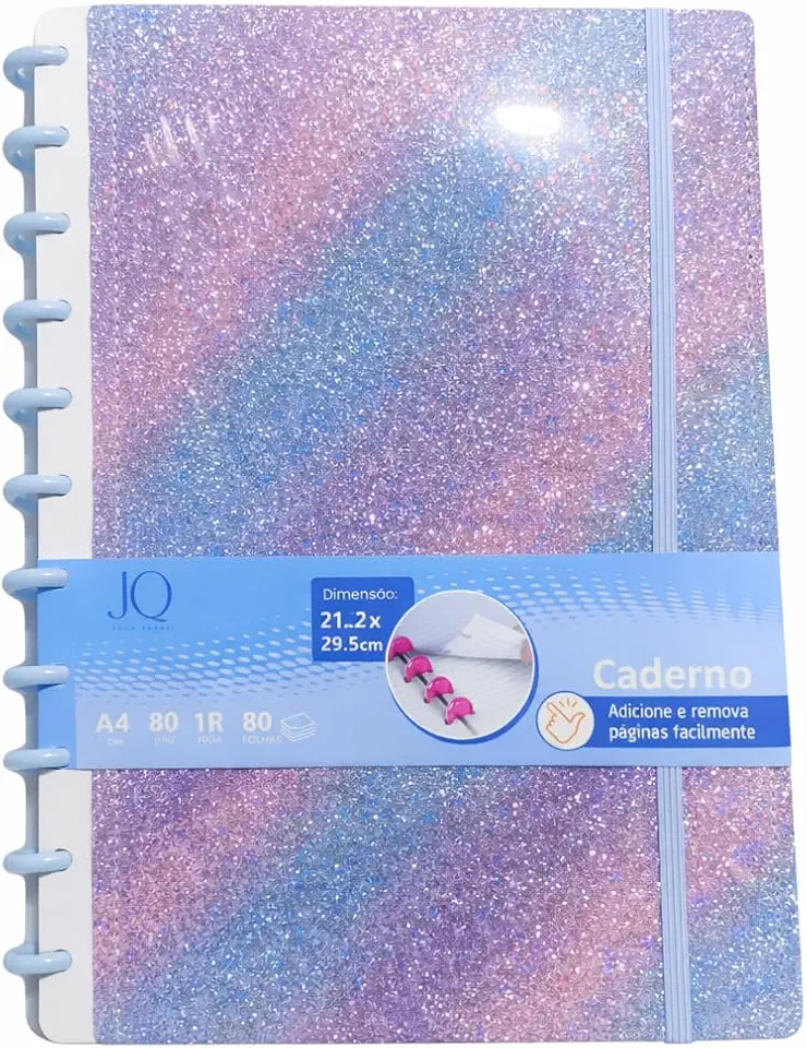 Caderno Inteligente Grande 11 Discos, 80 folhas A4 Pautadas, Capa Dura Com Cores Variadas (Gliter Azul)