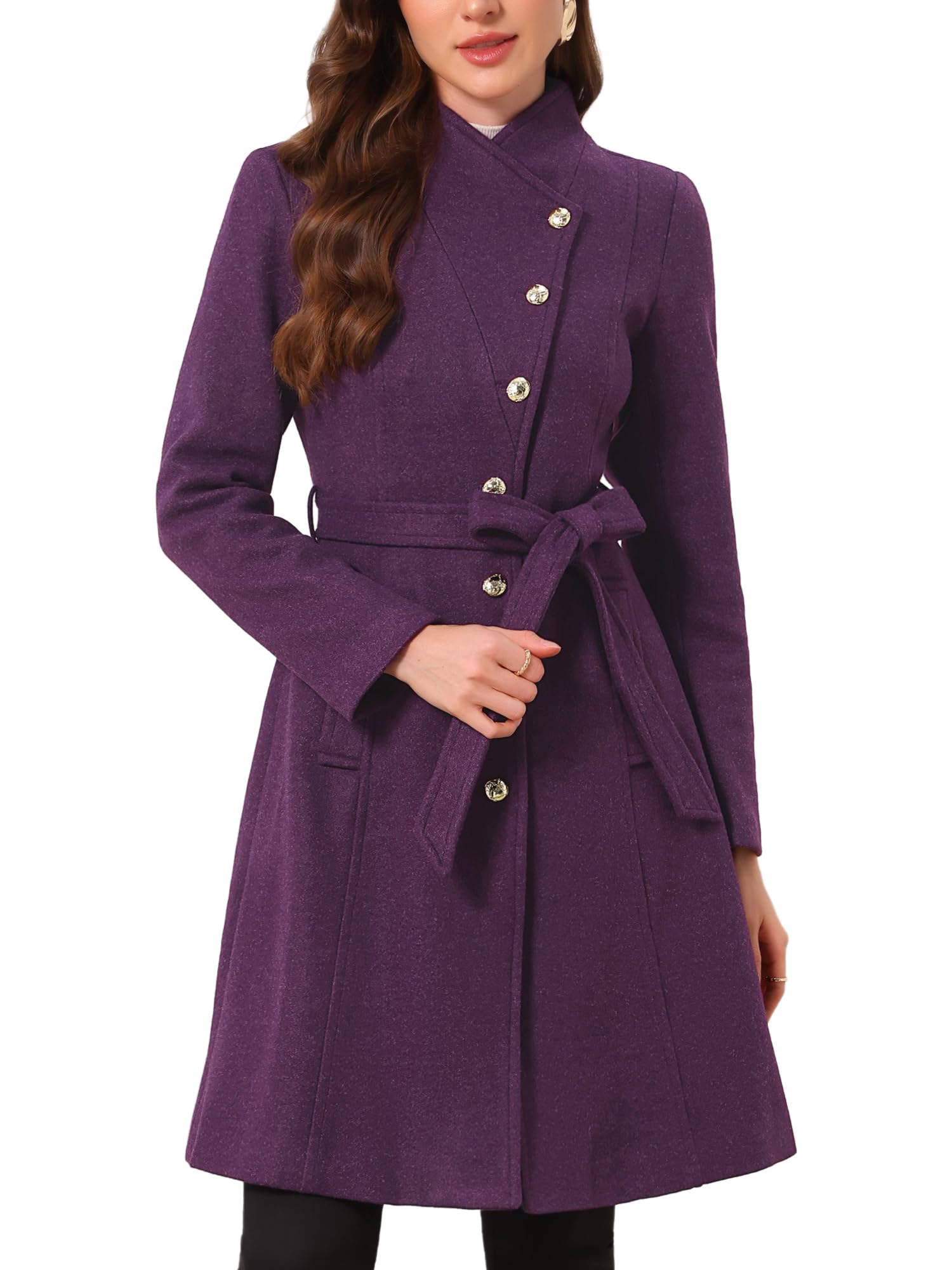 Allegra K Womens Pea Coats Long Winter Stand Collar Belted Trench Coat 2026