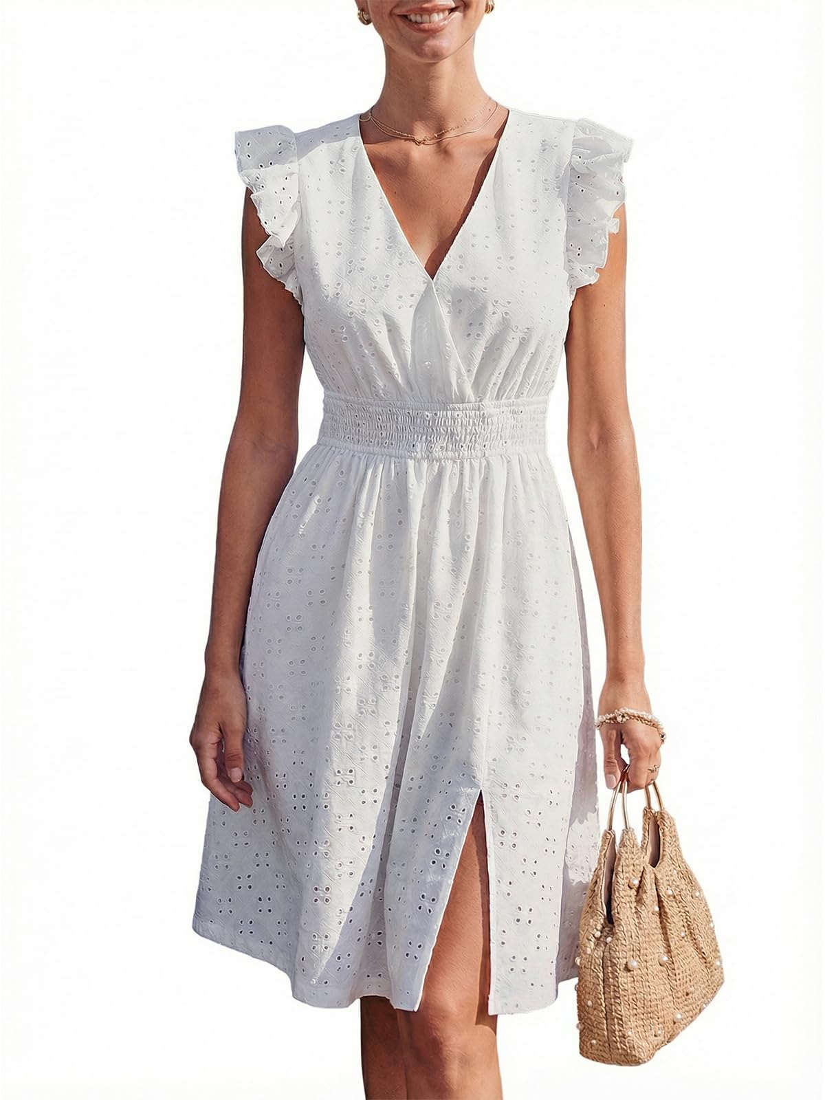 CUPSHE Robe midi en dentelle à œillets pour femme - Taille smockée - Manches flottantes - Col en V - Robe d'été décontractée - Coupe trapèze