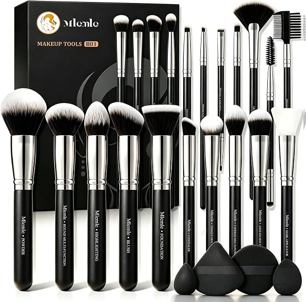 Set de Brochas de Maquillaje, Mlemle Profesional 25 Piezas, Incluye 21 Brochas de Maquillaje para Base, Polvo, Rubor, Correctores, Sombras y 2 Esponjas de Polvo, 2 Esponjas de Maquillaje (B01-Negro)