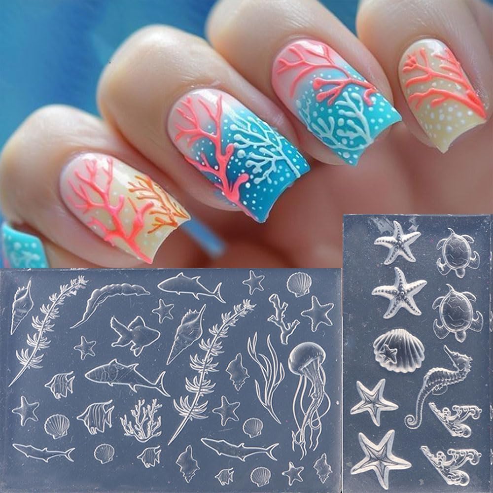2PCS 3D Ocean Silicone Nail Molds, Spring Summer Beach Nail Charms Resin Nail Art Molds Starfish Seashells Carving Template for Women Acrylic DIY Nail Supplies