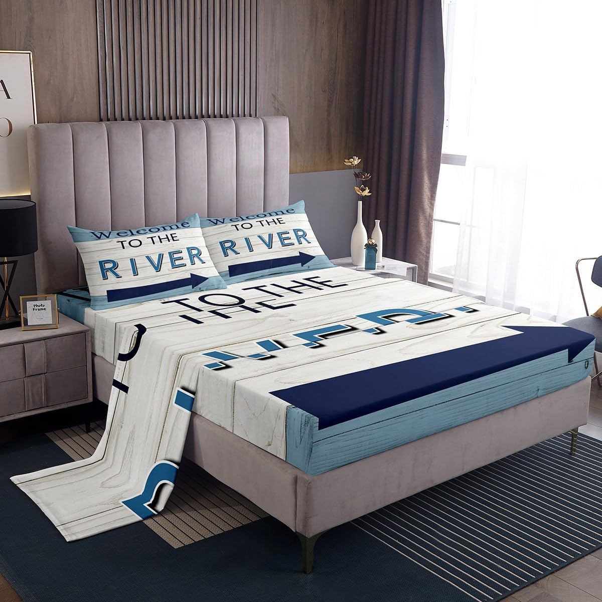 River Theme Bed Sheet Queen Set Vintage Wood Farmhouse Sheets Sets Adults Bedroom Decor Wood Rustic Microfiber Bedding Set with Flat,Fitted Sheet,2 Pillow Cases
