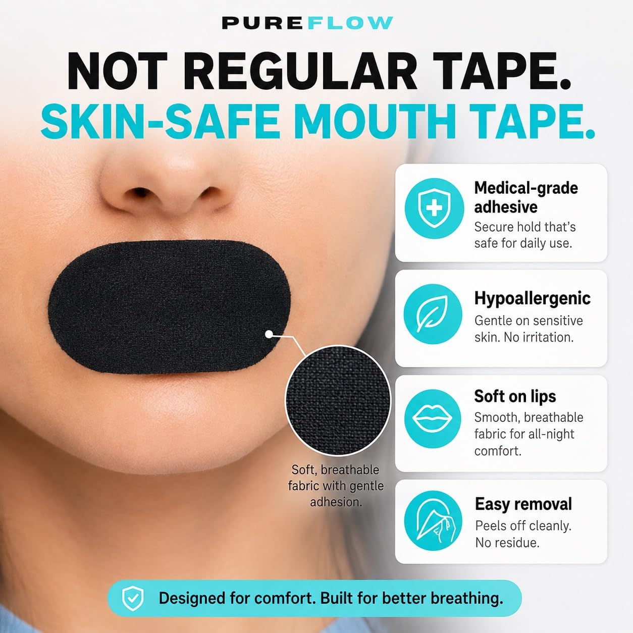PureFlow Mouth Tape for Better Sleep – Hypoallergenic, Skin-Safe, Comfortable – Reduces Snoring & Mouth Breathing | CDSCO Approved | 10 Tapes — Amazon image 6